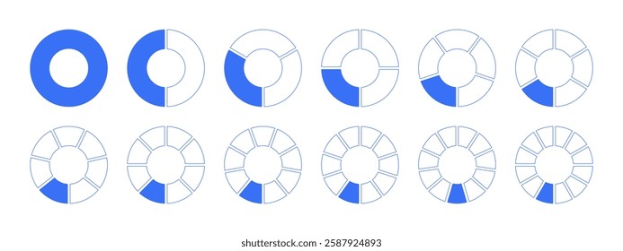 Circles divided diagram from 1 to 12 equal parts icons. Graph pie, pizza shape section charts. Coaching blank templates. Set of segments wheel round divide infographic design elements.