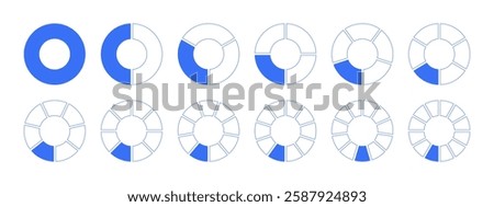 Circles divided diagram from 1 to 12 equal parts icons. Graph pie, pizza shape section charts. Coaching blank templates. Set of segments wheel round divide infographic design elements.
