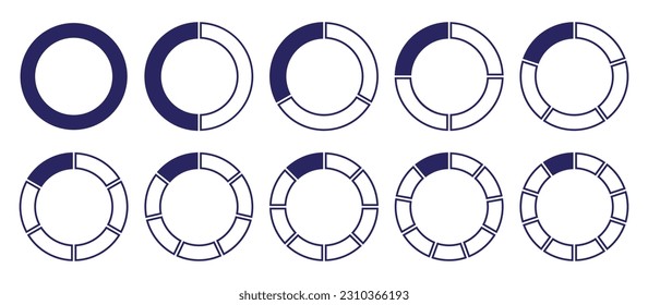 Círculos divididos diagrama 1, 2, 3, 10, 7, 8, gráfico de secciones de forma circular de icono del gráfico. Segmento de círculo alrededor del vector 5, 6, 9 dividir infografía. Ilustración vectorial.