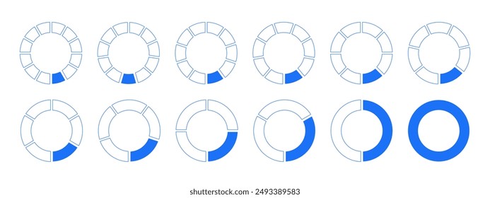 Circles divided diagram 1, 2, 3, 10, 7, 8, 9, 10, 11, 12 equal parts. Graph icon pie, pizza shape section charts. Coaching blank template. Segments wheel round divide infographic set. 