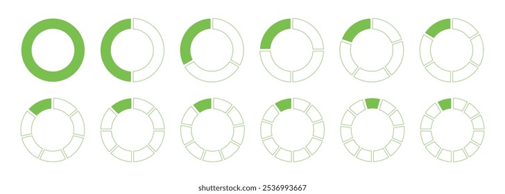 Circles divided diagram 1, 2, 3, 10, 7, 8, 9, 10, 11, 12 equal parts. Coaching blank round template. Graph icon pie, pizza shaped sectional charts. Segmented green wheels. Divide infographic icons.