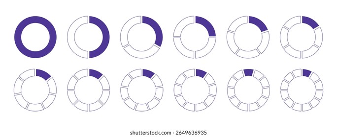 Circles divided diagram 1, 2, 3, 10, 7, 8, 9, 10, 11, 12 equal parts. Graph icons. Pie, pizza section charts. Coaching blank template, lilac color. Set of segments wheel round divide infographic.