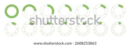 Circles divided diagram 1, 2, 3, 10, 7, 8, 9, 10, 11, 12, 14 equal parts. Coaching blank. Round template. Graph pie, pizza shaped sectional charts. Segmented green wheels icons. Divide infographic.