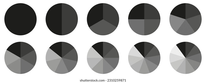Circles divided diagram 3, 10, 7, graph icon pie shape section chart. Segment circle round vector 6, 9 devide infographic	