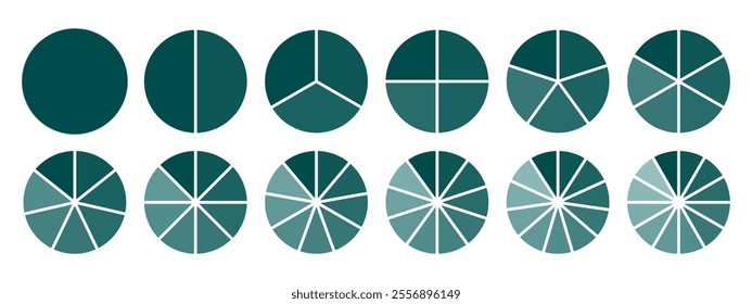 Circles divided diagram 3, 10, 7, graph icon pie shape section chart. Segment circle round vector 6, 9 devide infographic.	