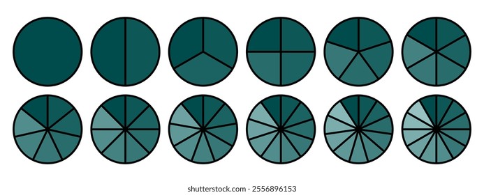 Circles divided diagram 3, 10, 7, graph icon pie shape section chart. Segment circle round vector 6, 9 devide infographic.	