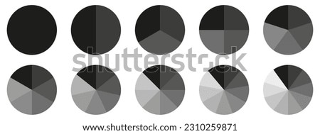 Circles divided diagram 3, 10, 7, graph icon pie shape section chart. Segment circle round vector 6, 9 devide infographic	 Foto d'archivio © 