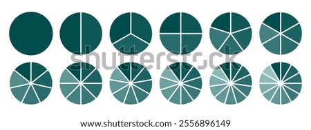 Circles divided diagram 3, 10, 7, graph icon pie shape section chart. Segment circle round vector 6, 9 devide infographic.	