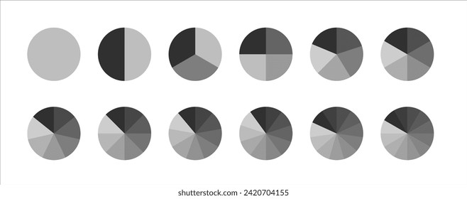 Circles divided diagram isolated. Segment circle set. Pie chart templates divides on 2, 3, 4, 5, 6, 7, 8, 9, 10, 11, 12 equal parts