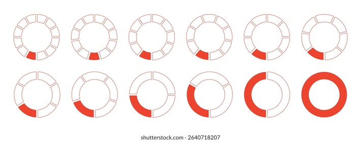 Circles divided diagrams 1, 2, 3, 10, 7, 8, 9, 10, 11, 12 equal parts. Graph pie, pizza shape section charts icons. Coaching blank flat template. Set of red segments wheel round divide infographic. 