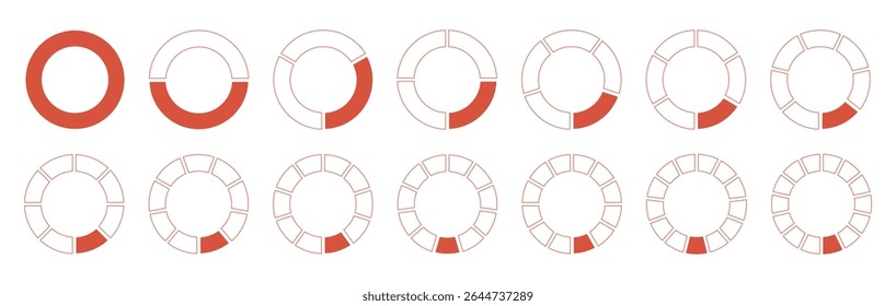 Os círculos dividiram os diagramas 1, 2, 3, 10, 7, 8, 9, 10, 11, 12, 13, 14 partes iguais. Pizza, ícones de gráficos de seção de forma de gráfico de pizza. Modelo simples em branco de coaching. Infográfico de divisão redonda de roda de segmentos vermelhos.