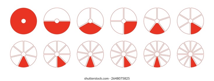 Circles divided diagrams 1, 2, 3, 10, 7, 8, 9, 10, 11, 12 equal parts. Red segments wheel round divide infographic. Graph pie, pizza shape section charts simple icons. Coaching blank template.