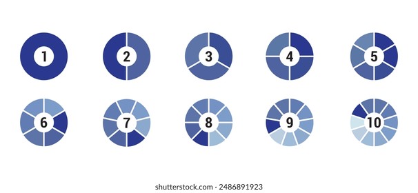 Circles divided into 3 7 10 diagram part section segment chart vector business math statistics presentation information, pie shape round donut fractions for data information.