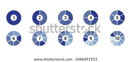 Circles divided into 3 7 10 diagram part section segment chart vector business math statistics presentation information, pie shape round donut fractions for data information.