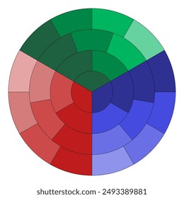 Círculos divididos en partes iguales con un centro común. Círculos de colores segmentados divididos en 3, 6, 9, 12 partes. Vector.