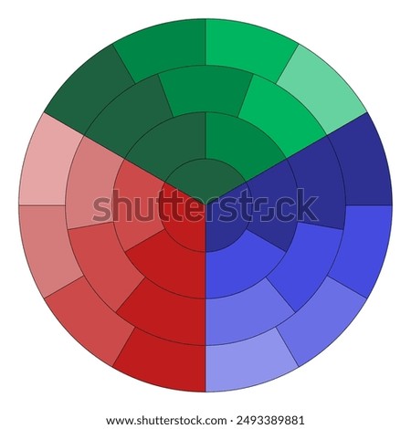 Circles divided into equal parts with one common center. Segmented colorful circles divided into 3, 6, 9, 12 parts. Vector.