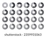 Circles divided into parts from 1 to 24. Black round chart for infographic, pie portion or pizza slice. Wheel division into fractions, circular shape sectors on white background.