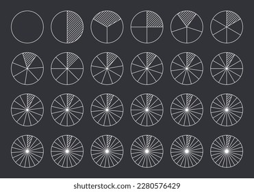 Circles divided into parts from 1 to 24. Outline round chart for infographic, pie portion or pizza slice. Wheel division into fractions, circular shape sectors on black background.