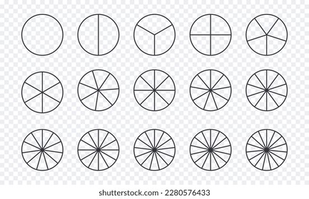 Circles divided into parts from 1 to 15. Outline round chart for infographic, pie portion or pizza slice. Wheel division into fractions, circular shape sectors on transparent background.