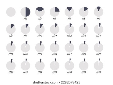 Circles divided into parts from 1 to 28. Round chart for infographic, pie slice or diagram sectors. Wheel division into fractions, circular shape section on white background.