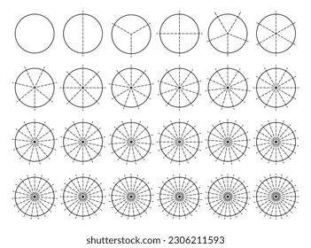 Círculos divididos en partes de 1 a 24. Esquema de la gráfica redonda para infografía, porción de tarta o porción de pizza. División de la rueda en fracciones, sectores de forma circular sobre fondo blanco.