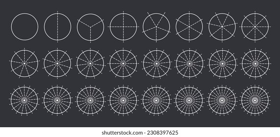 Circles divided into parts from 1 to 24. Outline round chart for infographic, pie portion or pizza slice. Wheel division into fractions, circular shape sectors on black background.