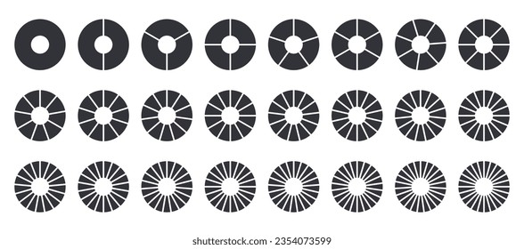 Circles divided into parts from 1 to 24. Black round chart for infographic, pie portion or pizza slice. Wheel division into fractions, circular shape sectors on white background.