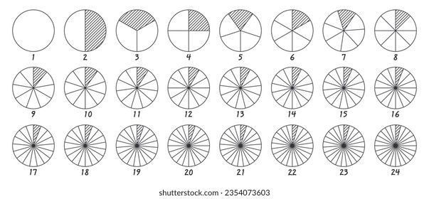 Circles divided into parts from 1 to 24. Outline round chart for infographic, pie portion or pizza slice. Wheel division into fractions, circular shape sectors on white background.