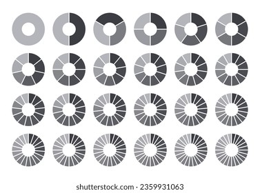 Circles divided into parts from 1 to 24. Black round chart for infographic, pie portion or pizza slice. Wheel division into fractions, circular shape sectors on white background.