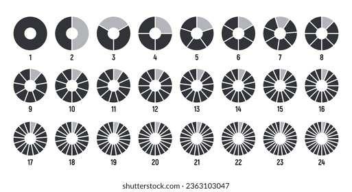 Círculos divididos en partes de 1 a 24. Gráfico circular negro para infografía, porción de torta o porción de pizza. División de la rueda en fracciones, sectores de forma circular sobre fondo blanco.