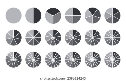 Círculos divididos en partes de 1 a 18. Gráfico circular negro para infografía, porción de torta o porción de pizza. División de la rueda en fracciones, sectores de forma circular sobre fondo blanco.