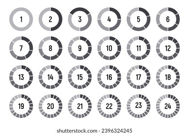 Circles divided into parts from 1 to 24. Black round chart for infographic, pie portion or pizza slice. Wheel division into fractions, circular shape sectors on white background.