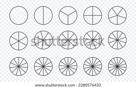 Circles divided into parts from 1 to 15. Outline round chart for infographic, pie portion or pizza slice. Wheel division into fractions, circular shape sectors on transparent background.
