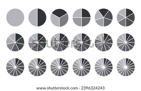 Circles divided into parts from 1 to 18. Black round chart for infographic, pie portion or pizza slice. Wheel division into fractions, circular shape sectors on white background.