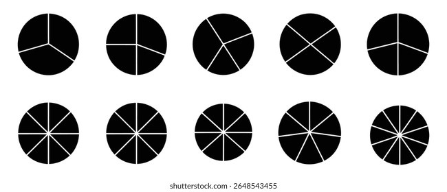Circles divided into sectors illustrate fractions and mathematics concepts, demonstrating division and geometry.