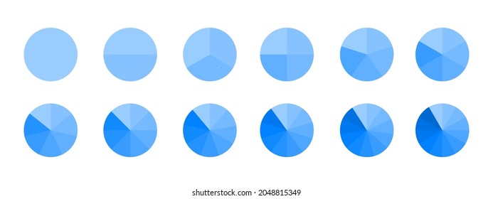 Circles divided in monochrome blue segments from 1 to 12 isolated on white background. Pie chart for statistics infographic examples. Round shapes cut in equal slices. Vector flat illustration.