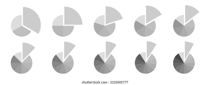 Kreise unterteilt in monochrome graue Segmente von 3 bis 12 mit einem getrennten Fragment. Pie- oder Donut-Diagramme. Statistische Infografiken. Rundformen in gleichen Scheiben geschnitten. Vektorgrafik