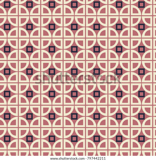 circles divided\
in quarters in a pale yellow color against a antique pink\
background and between them small\
squares
