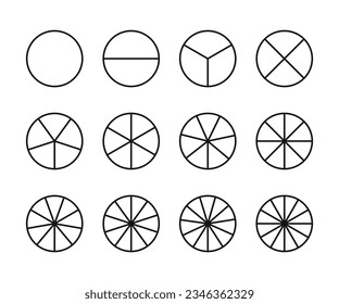 Circles divided in segments from 1 to 12. Segment slice icons set. Vector round 12 section. Pie charts icon.