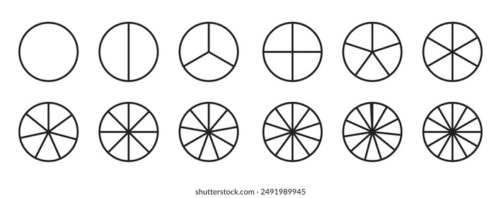 Círculos divididos en segmentos del 1 al 12 conjunto, Geometría circular Mathis Diagrama de Educación matemática. un número diferente de sectores divide el círculo,