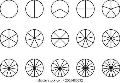 Circles divided in segments from 1 to 15 isolated on white background. Pie or pizza round shapes cut in equal slices in outline style. Simple business chart. Vector line illustration.