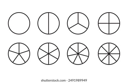 Circles divided in segments from 1 to 8 set, Pie Geometry Mathis Mathematical Education Diagram. different number of sectors divides the circle ,