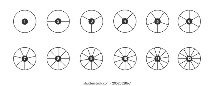 Circles divided in segments with numbers from 1 to 12. Outline round shapes cut in equal parts. Simple graphic pie or donut chart examples isolated on white background. Vector linear illustration.