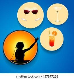 Circles with DJ and Different Kind Of Drinks Over Bright Blue Background