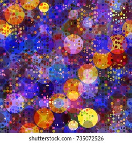 Circles and dots. Blue, yellow, orange colors. Festive mood. Seamless texture. Abstract vector background for web page, banners, fabric, home decor, wrapping 