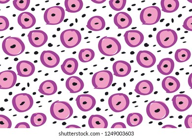 Circles and dots hand drawn seamless colorful pattern. Purple marker, felt tip pen doodle drawing. Freehand bubbles abstract texture. Decorative sketch textile, wallpaper, wrapping paper vector fill