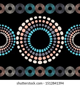 Circles of dots. Polka dots seamless pattern. Mosaic of ethnic figures. Patterned texture. Geometric background. Can be used for wallpaper, textile, invitation card, wrapping, web page background.