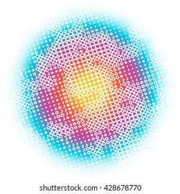 Circles, dots, rainbow abstract background pattern. Abstract rainbow vector illustration with blurred edges and white pattern of circles, dots, rings and curls.