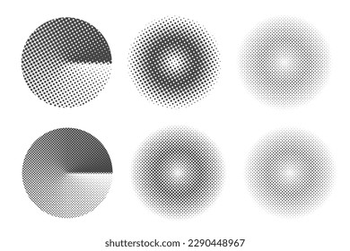 Círculos con gradiente punteado. Efecto de gradación de raster de semitono. Elementos gráficos redondos texturados. Resumen de marcos geométricos con puntos sobre fondo blanco. Conjunto de vectores.