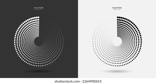 Circles of dotted halftones with a shadow on a black white background. Abstract design element. The effect of a rotating, disappearing gradient. Vector illustration.